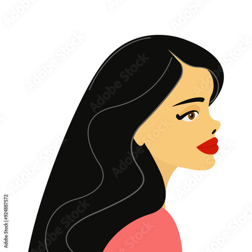 illustration of a young woman with black hair and big red lips, flat style illustration, vector