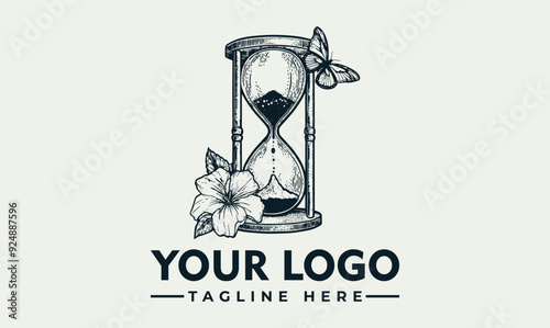 Hourglass with sand vector logo monochrome flowers and butterflies Hourglass filled with sand surrounded by vibrant flowers and delicate butterflies Suitable for time management, beauty, and nature