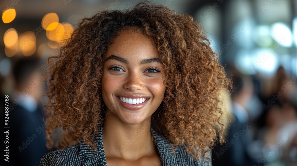 Smiling woman with curly hair in modern setting - generative ai Smiling woman with curly hair in modern setting - generative ai