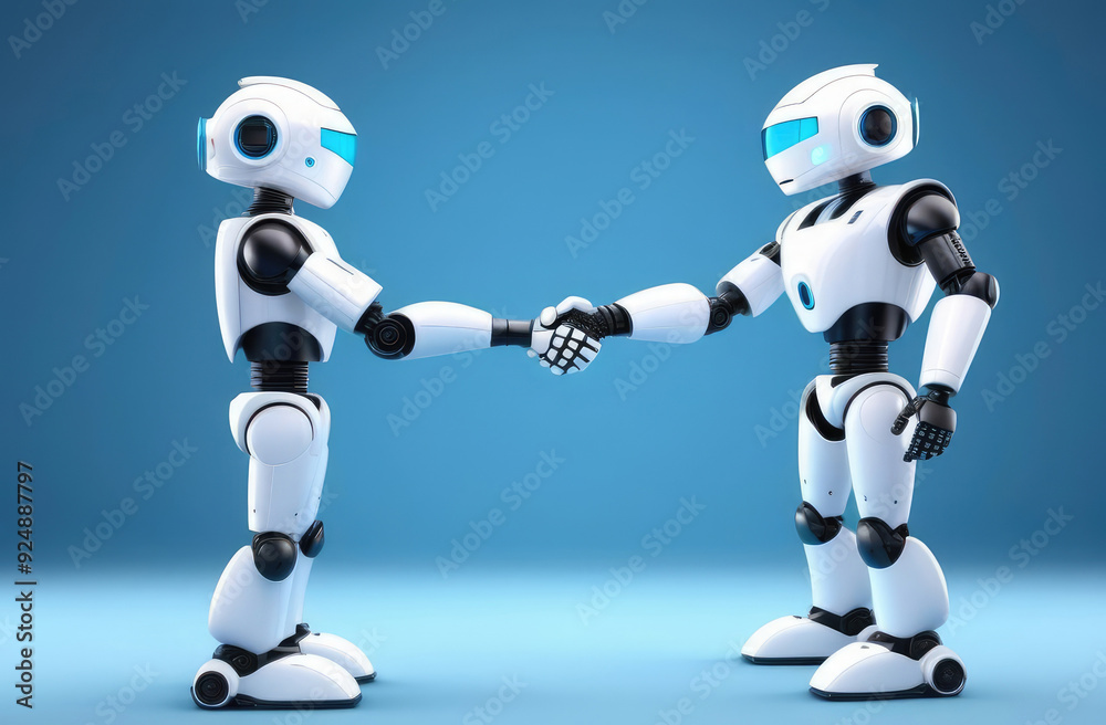 Fototapeta premium two android robots made of metal shaking hands on blue background. AI development, future technology