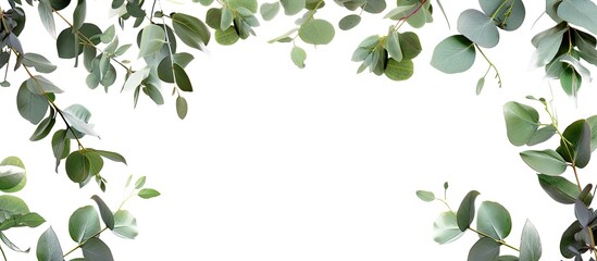Eucalyptus branches create a border frame on a white background with copy space image