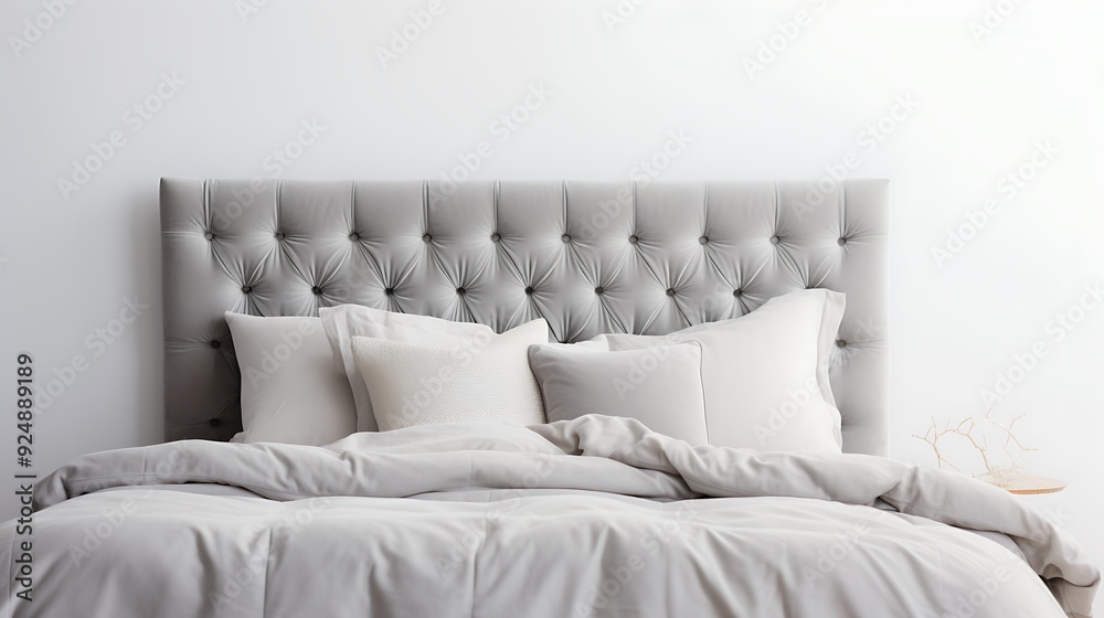 Close-up of a gray headboard and bedding against a plain white backdrop Close-up of a gray headboard and bedding against a plain white backdrop