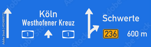 Westhofener Kreuz, Autobahntafel auf Autobahn A1 auf der Höhe Schwerte, in Richtung Köln, Nachbildung, Zeichnung