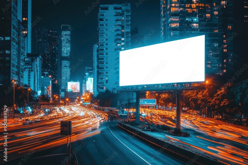 A Blank Billboard Overlooking a Nighttime City Highway with Light Trails A Blank Billboard Overlooking a Nighttime City Highway with Light Trails