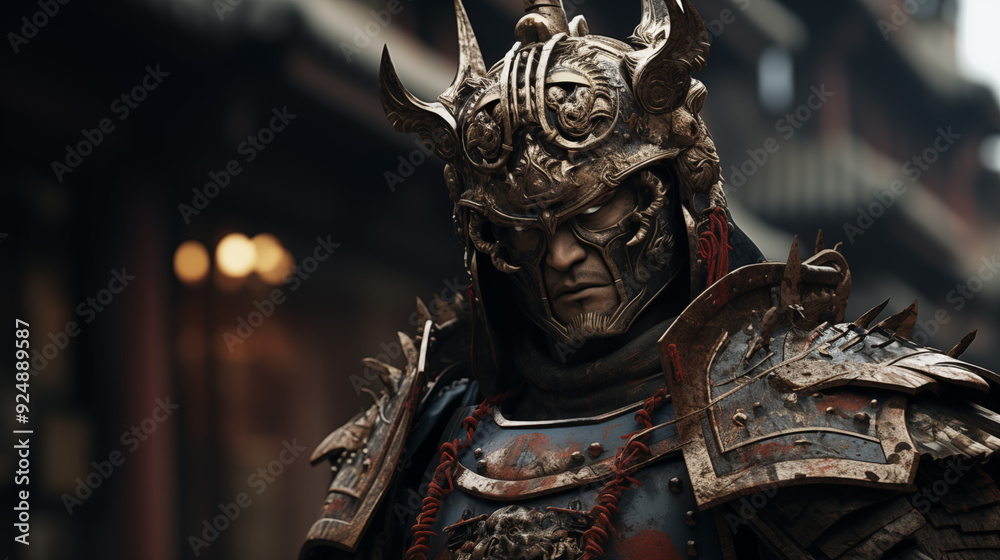 Obraz premium Ornate Armored Samurai Warrior in a Traditional Japanese Street with Intense Gaze