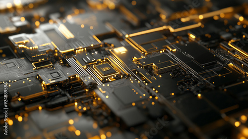 Metallic Abstract Background with Gold and Silver Circuits