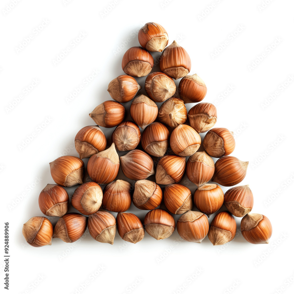 Hazelnuts placed in a triangle, on white background Hazelnuts placed in a triangle, on white background