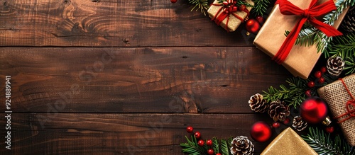 Wooden table with Christmas present decorations creates a festive vibe in the copy space image photo