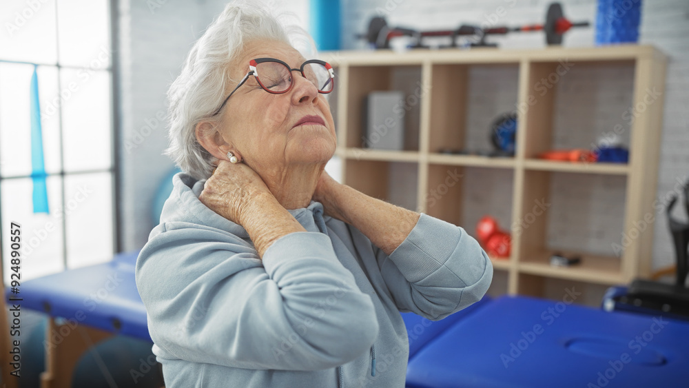 Senior woman with glasses in physiotherapy clinic exhibiting neck pain or discomfort against gym equipment background. Senior woman with glasses in physiotherapy clinic exhibiting neck pain or discomfort against gym equipment background.