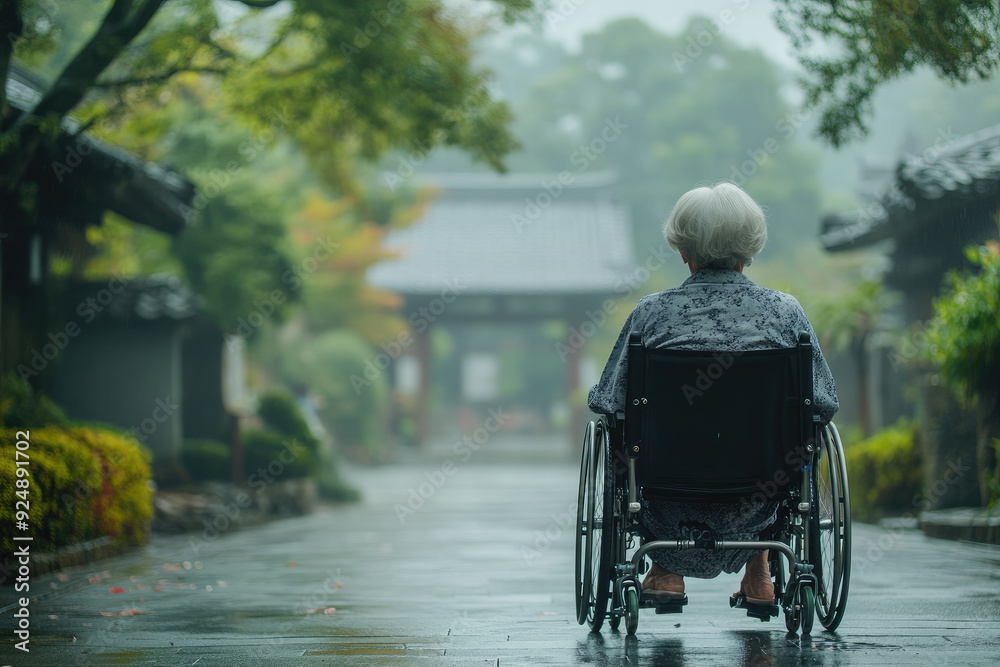 Obraz premium Elderly woman in a wheelchair is enjoying the peaceful atmosphere of a traditional japanese garden with its vibrant maple trees, celebrating keiro no hi, a special day for honoring elders in japan