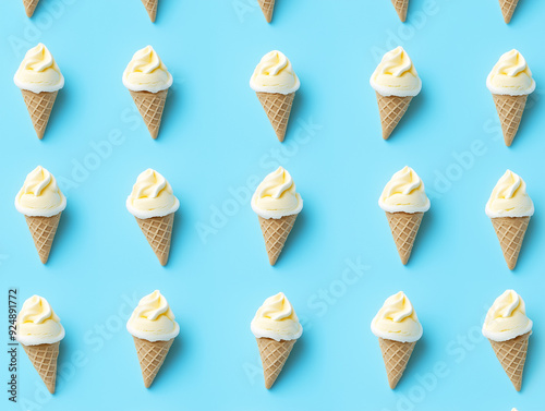 Trendy sunlight Summer pattern made with ice cream on bright light blue background. Minimal summer concept. A repeating pattern of vanilla ice cream cones on a light pastel blue background.