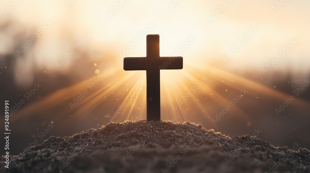 Fototapeta premium A serene silhouette of a cross against a radiant sunset, symbolizing hope, faith, and the divine connection.