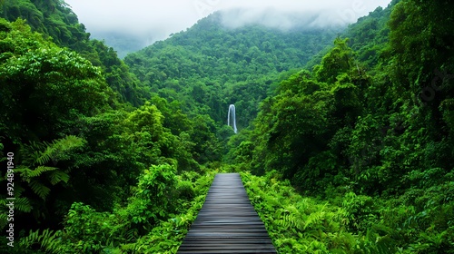 A serene pathway leads through lush green forest, with a distant waterfall hidden in the misty mountains, evoking peace and tranquility.