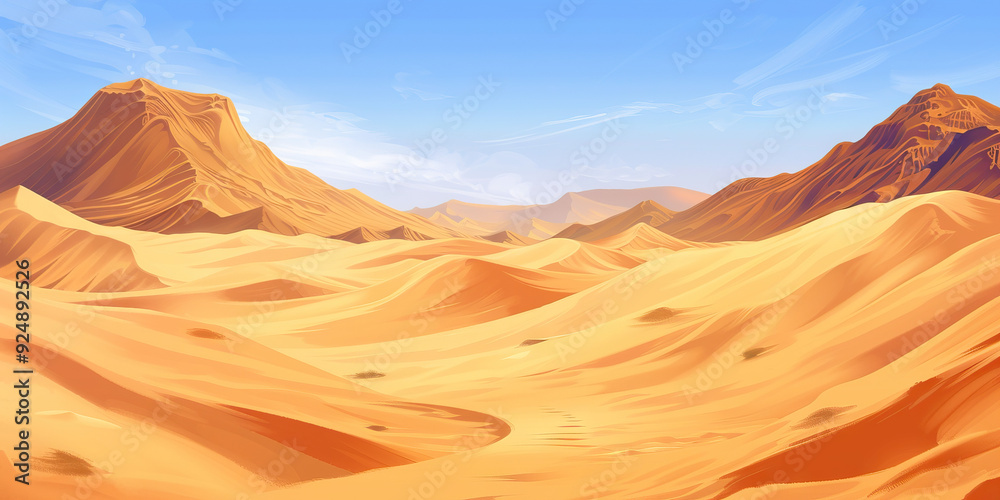 Naklejka premium Desert Discovery: Expansive Dunes and Arid Landscapes - Imagine a background showcasing vast desert landscapes, towering sand dunes, and rugged terrain, perfect for a desert hiking expedition
