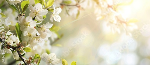 Fototapeta Naklejka Na Ścianę i Meble -  Springtime branch with white blooming fruit tree flowers providing a copy space image