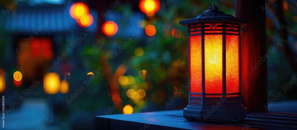 A warm and cozy ambiance at night with a single red and yellow lantern providing a soft glow from its candle set against a blurred copy space image A warm and cozy ambiance at night with a single red and yellow lantern providing a soft glow from its candle set against a blurred copy space image
