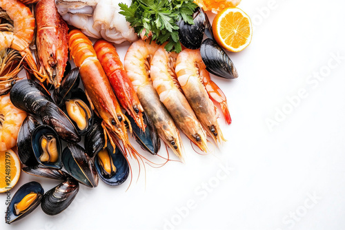 A variety of fresh seafood displayed on a white background.
