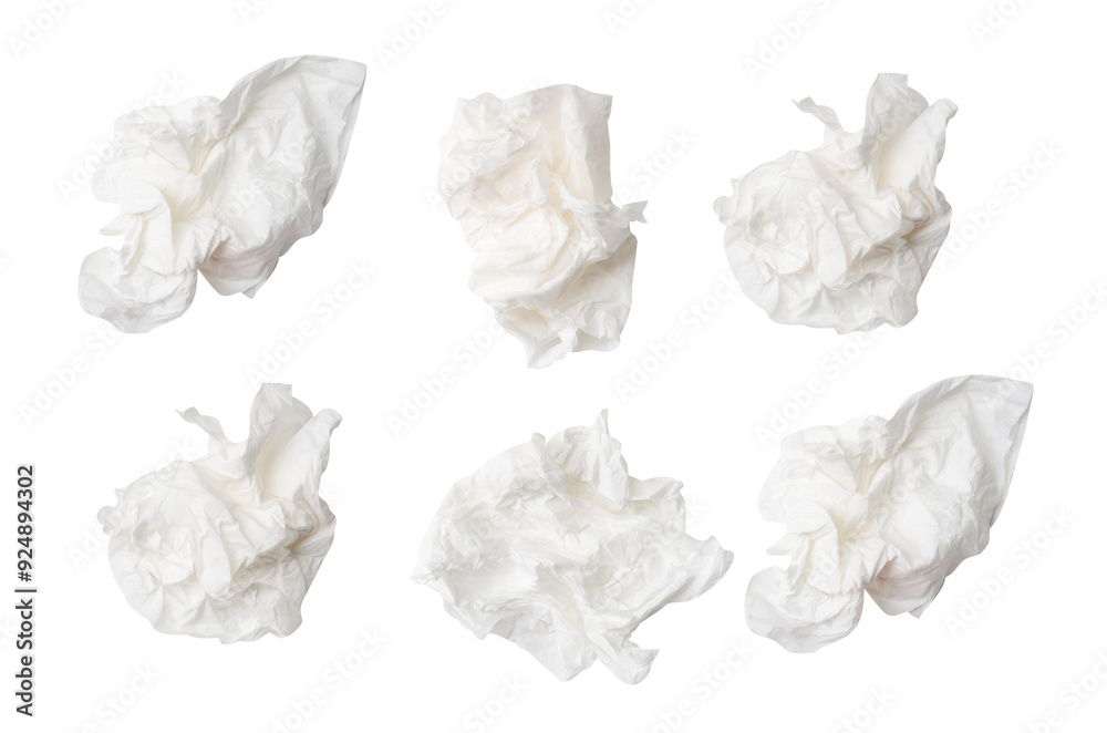Naklejka premium Top view set of white screwed or crumpled tissue paper ball after use scattering isolated on white background
