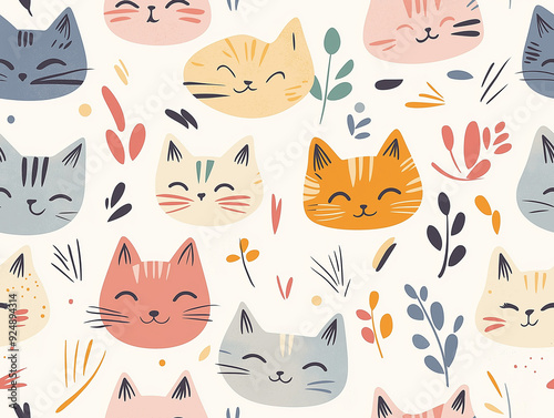 Playful seamless pattern featuring smiling cat faces in various colors. Whimsical leaves and abstract shapes are sprinkled around the friendly feline expressions.