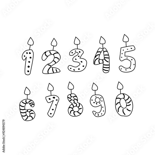 Doodle Candle numbers in hand drawn style with stripes and dots. Simple vector illustration.