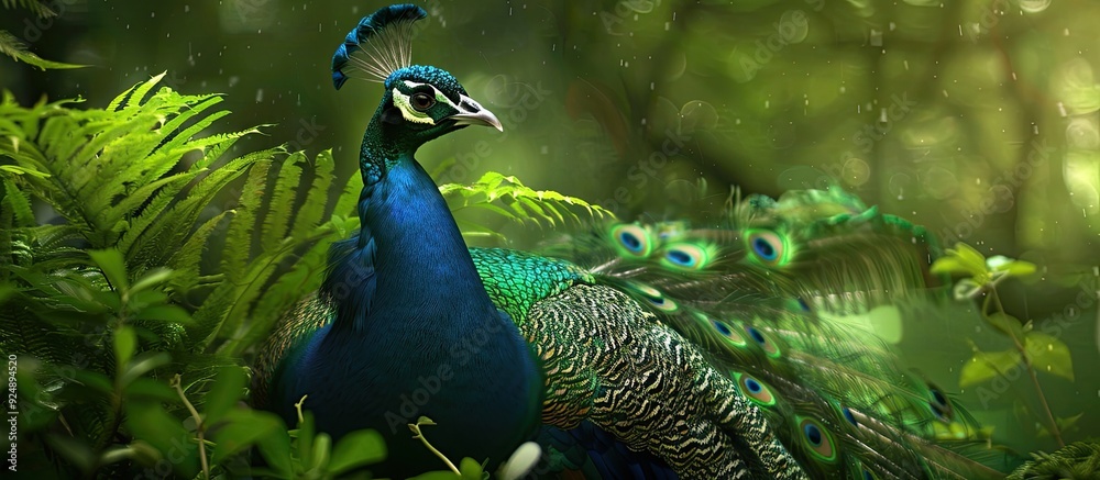 Obraz premium Peacock guarding greenery in its habitat with a copy space image