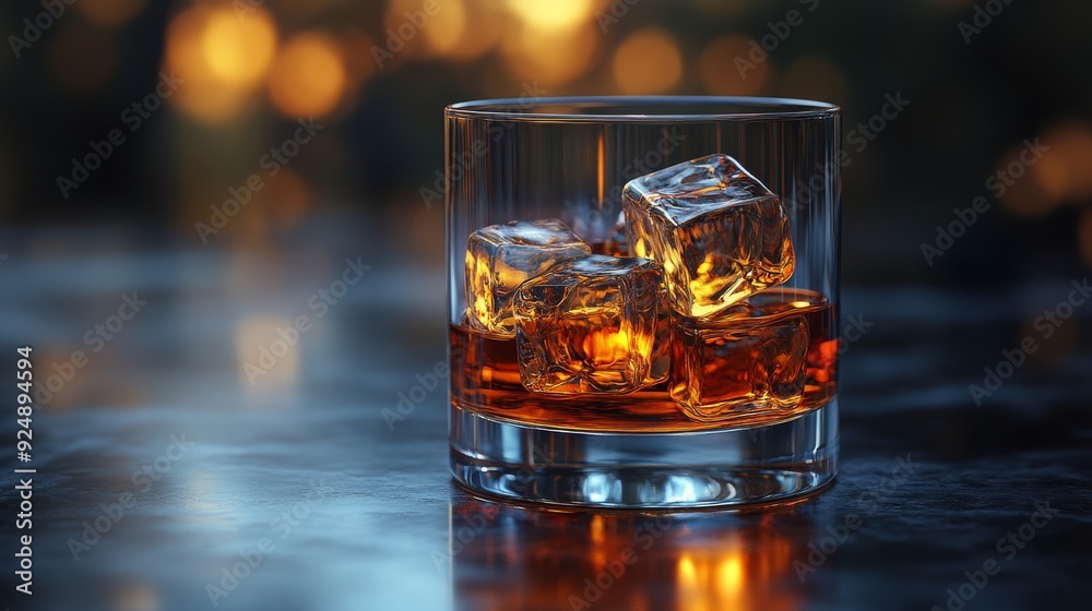 Glass of whisky with ice cubes on table reflecting warm light Glass of whisky with ice cubes on table reflecting warm light