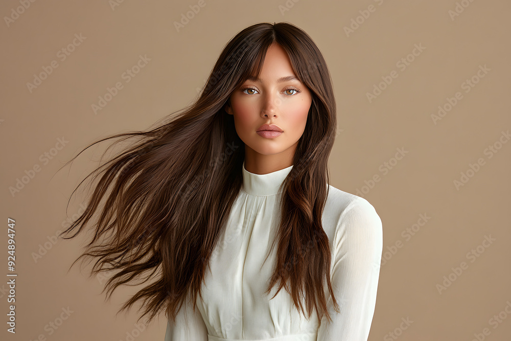 Fototapeta premium A woman with long brunette hair in the back wearing a white blouse 