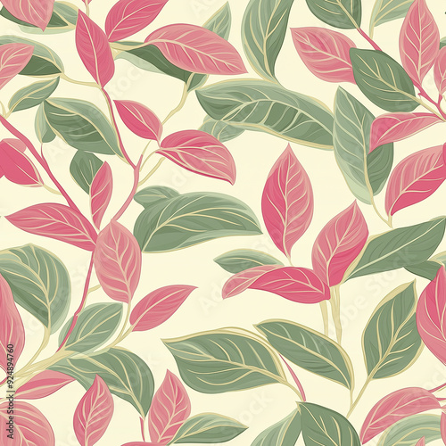 Delicate leaf pattern in shades of pink and green on a light background, evoking a soft, fresh, and natural feel ideal for elegant and organic-themed projects.