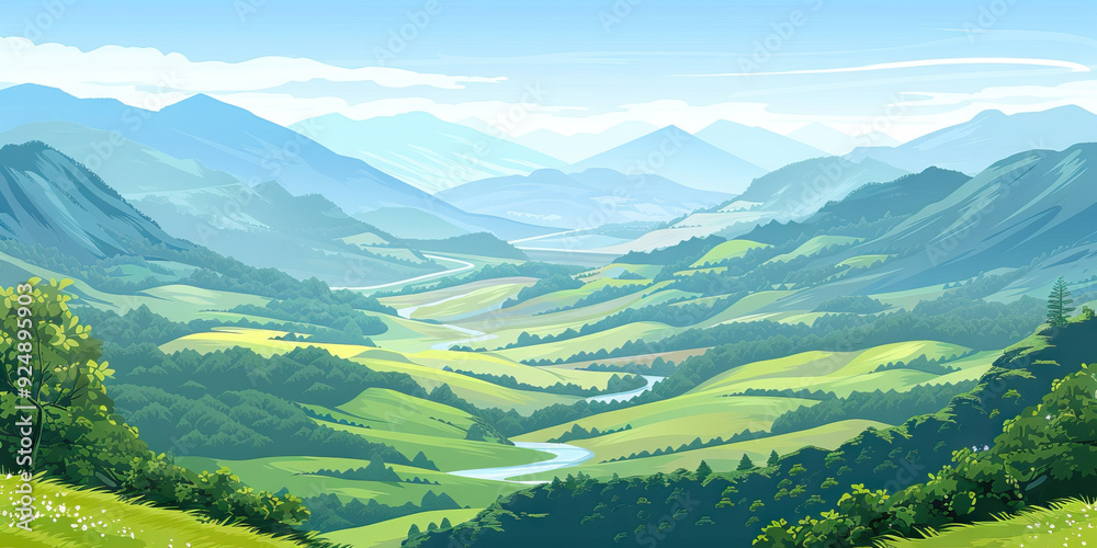 Valley Views: Rolling Hills and Vast Valleys - Picture a background featuring expansive valleys, rolling hills, and meandering rivers, ideal for setting the scene for a valley hike Valley Views: Rolling Hills and Vast Valleys - Picture a background featuring expansive valleys, rolling hills, and meandering rivers, ideal for setting the scene for a valley hike