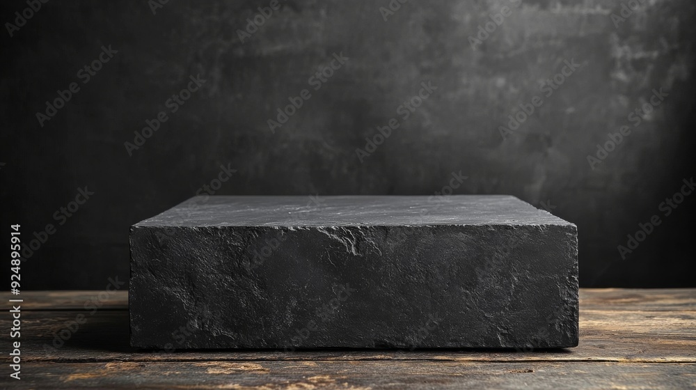 Empty black stone podium on wooden table with dark background Empty black stone podium on wooden table with dark background