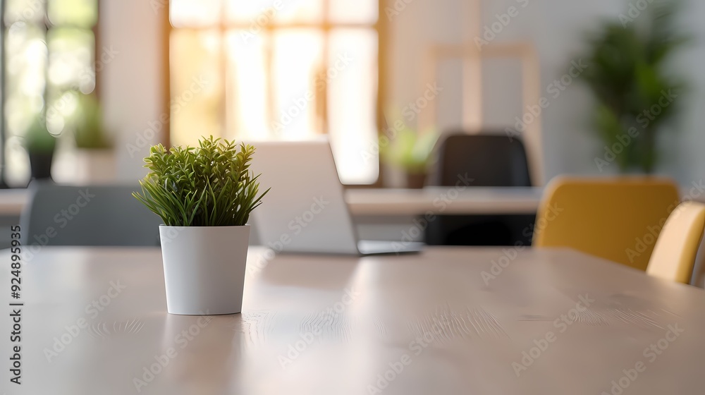 Bright workspace with a potted plant, laptop, and modern chairs creating a fresh and inviting atmosphere for productivity. Bright workspace with a potted plant, laptop, and modern chairs creating a fresh and inviting atmosphere for productivity.