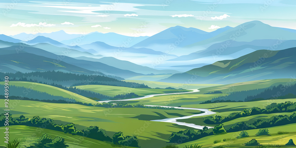 Valley Views: Rolling Hills and Vast Valleys - Picture a background featuring expansive valleys, rolling hills, and meandering rivers, ideal for setting the scene for a valley hike Valley Views: Rolling Hills and Vast Valleys - Picture a background featuring expansive valleys, rolling hills, and meandering rivers, ideal for setting the scene for a valley hike