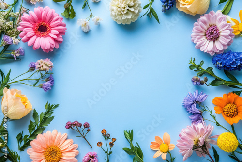 Colorful flowers frame a pastel blue background, perfect for springtime greeting cards.
