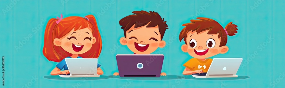 Happy cartoon kids with a laptop Joyful little characters using a computer and smiling while sitting on a bright background Happy cartoon kids with a laptop Joyful little characters using a computer and smiling while sitting on a bright background