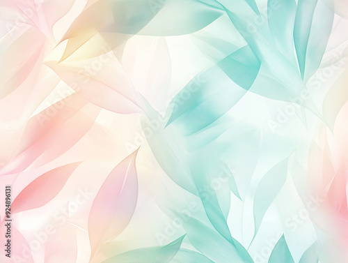 Soft pastel-colored leaves floating seamlessly on a light background, creating an airy and delicate pattern with a gentle gradient of pink, peach, and mint hues.