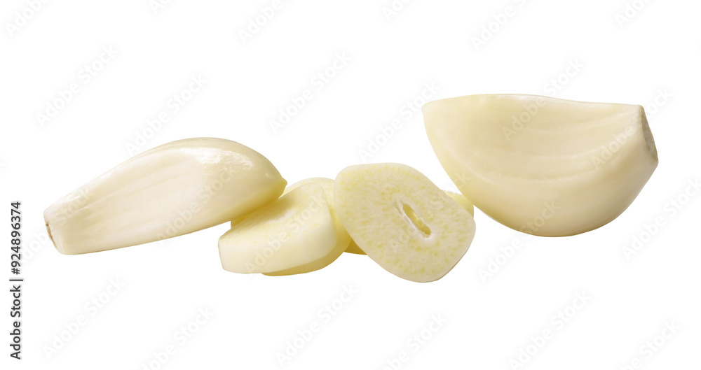 White peeled garlic clove with slices or pieces in stack isolated with clipping path in png file format White peeled garlic clove with slices or pieces in stack isolated with clipping path in png file format