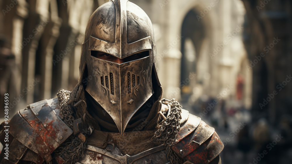 Armored Knight in Gothic Armor with Dark Eyes Standing in Medieval City Streets Armored Knight in Gothic Armor with Dark Eyes Standing in Medieval City Streets