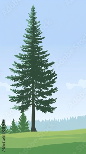 A single tall pine tree stands out against a blue sky and green meadow with other pine trees in the background.