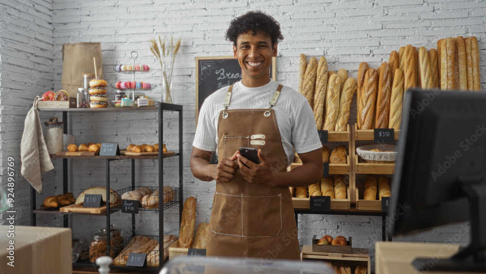 Fototapeta premium Handsome young man in apron standing in bakery shop surrounded by fresh bread smiling at camera