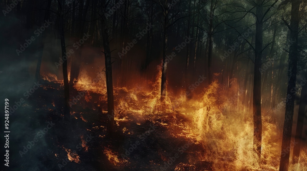 Fire in the forest, burning forest. Ecological disaster, natural emergency. Sparks of fire, flaming branches and trees, smoke Fire in the forest, burning forest. Ecological disaster, natural emergency. Sparks of fire, flaming branches and trees, smoke