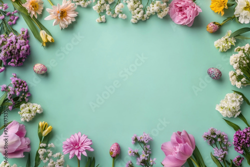A frame of vibrant flowers on a pastel green background, ideal for holiday greeting cards.