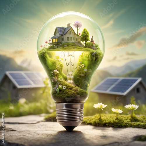 Eco-friendly light bulb with a blooming miniature green world inside,symbolizing sustainable energy and environmental protection