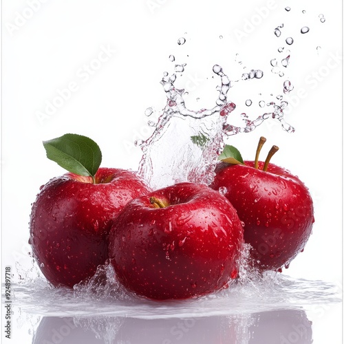 A red apple falls in a splash of water on a transparent background