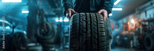 Tyre Service Shop: Mechanic Holding New Tire in Garage Background photo