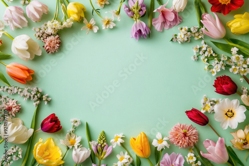 A frame of vibrant flowers on a pastel green background, ideal for holiday greeting cards.