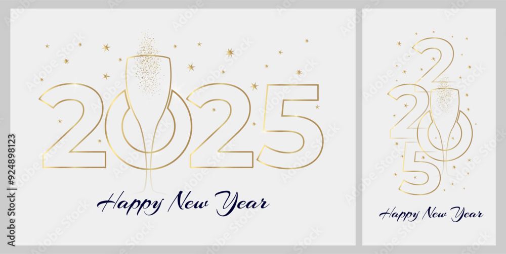 New Year banner or card design with line drawing of sparkling wine glass and number 2025. Minimalist style with golden contour lines. Vector illustration New Year banner or card design with line drawing of sparkling wine glass and number 2025. Minimalist style with golden contour lines. Vector illustration