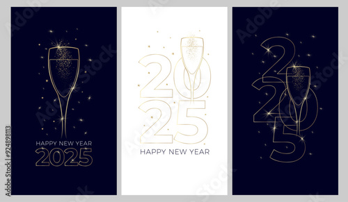 New Year banner or card design with line drawing of sparkling wine glass and number 2025. Minimalist style with golden contour lines. Vector illustration