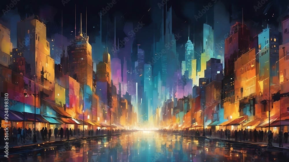 Fototapeta premium Futuristic city. Concept Art. Cityscape at night with bright neon lights. 3D illustration.