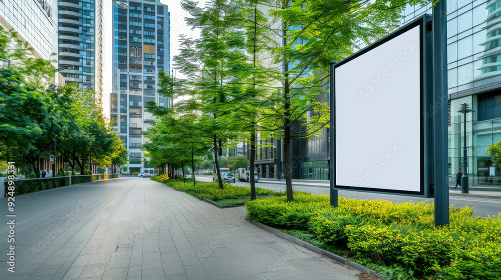 White blank billboard, banner on the streets of a modern city with lush green vegetation. Layout for advertising, design, signboard. Urban outdoor advertising White blank billboard, banner on the streets of a modern city with lush green vegetation. Layout for advertising, design, signboard. Urban outdoor advertising
