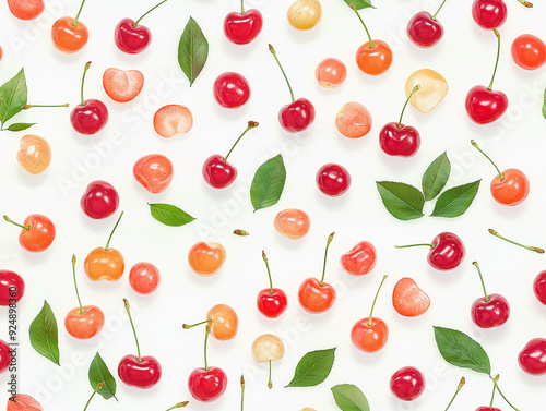 Vibrant cherries and green leaves scattered on a white background create a lively, seamless pattern, evoking freshness and the essence of summer.
